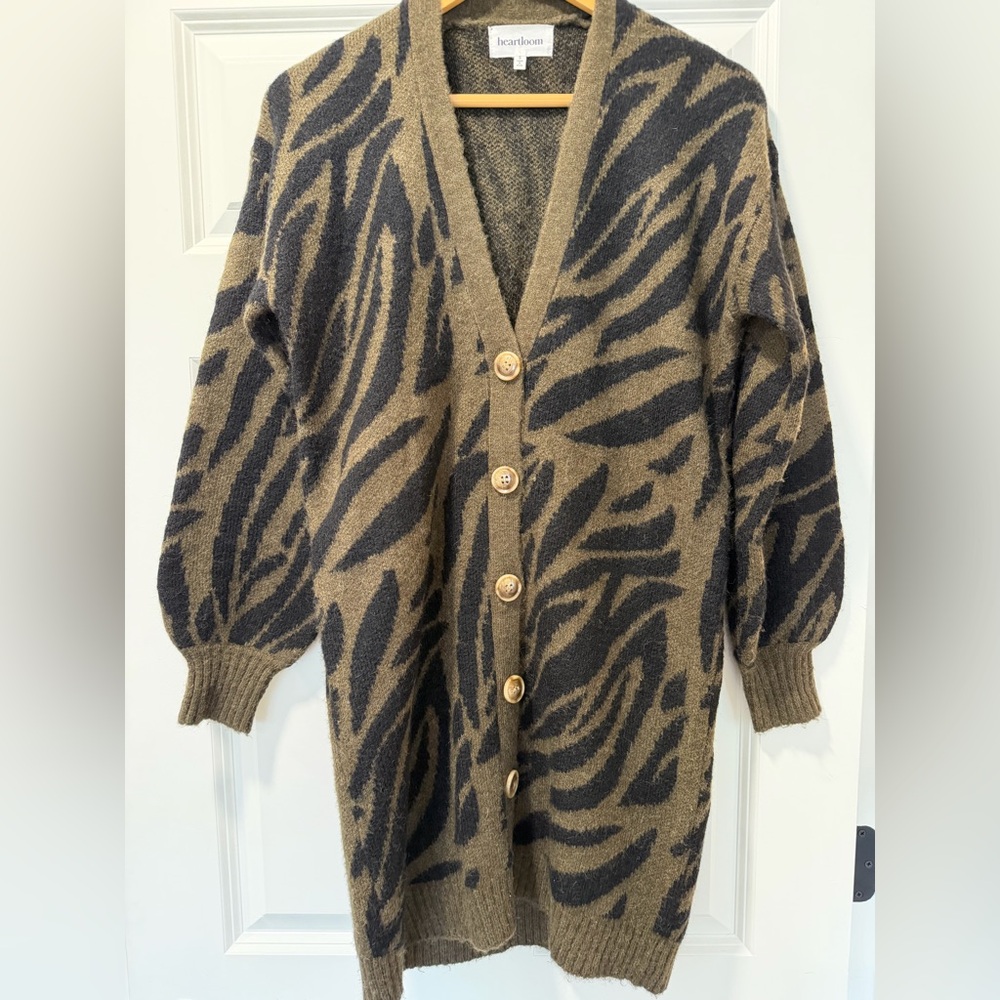 Heartloom Olive & Charcoal Animal Print Long Cardigan Size S